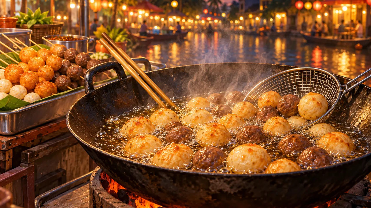 Close-up painting of fish balls and beef balls frying golden in a wok of bubbling oil, bamboo chopsticks and a wire strainer on the rim, a tray of skewers beside it and a lantern-lit riverside blurred behind