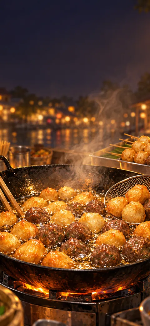 Phone version: Close-up painting of fish balls and beef balls frying golden in a wok of bubbling oil, bamboo chopsticks and a wire strainer on the rim, a tray of skewers beside it and a lantern-lit riverside blurred behind